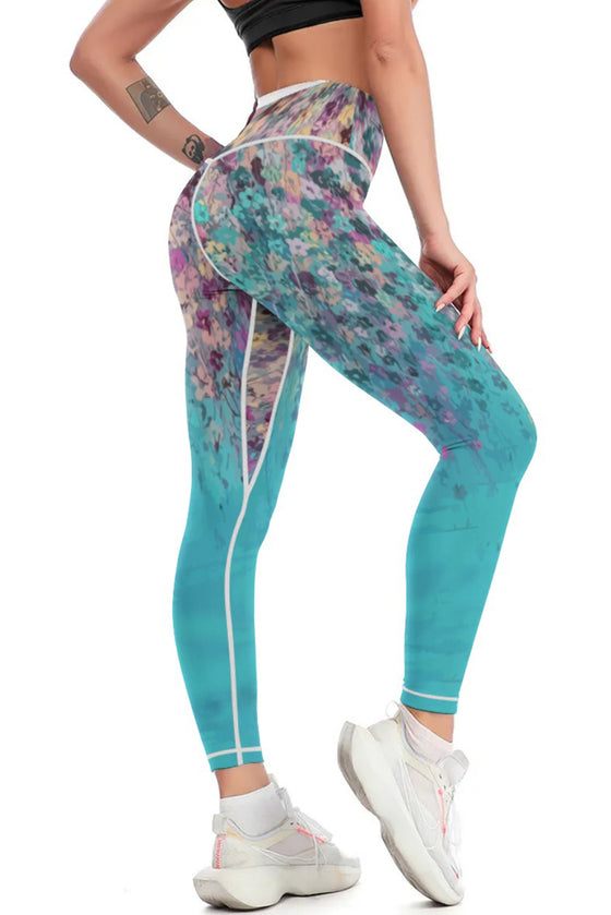 LC265444-P10420-S, LC265444-P10420-M, LC265444-P10420-L, LC265444-P10420-XL, Sky Blue Contrast Trim Abstract Floral Yoga Pants