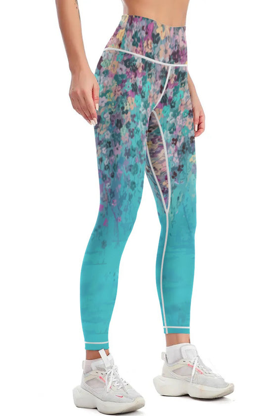 LC265444-P10420-S, LC265444-P10420-M, LC265444-P10420-L, LC265444-P10420-XL, Sky Blue Contrast Trim Abstract Floral Yoga Pants