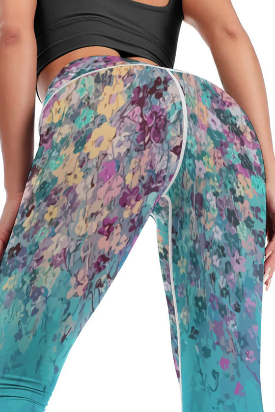 LC265444-P10420-S, LC265444-P10420-M, LC265444-P10420-L, LC265444-P10420-XL, Sky Blue Contrast Trim Abstract Floral Yoga Pants