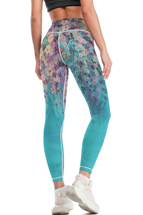 LC265444-P10420-S, LC265444-P10420-M, LC265444-P10420-L, LC265444-P10420-XL, Sky Blue Contrast Trim Abstract Floral Yoga Pants