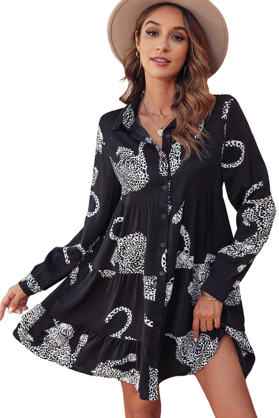 PACK6118164-P2-1, Black Leopard Print Button-up Long Sleeve Shirt Mini Dress