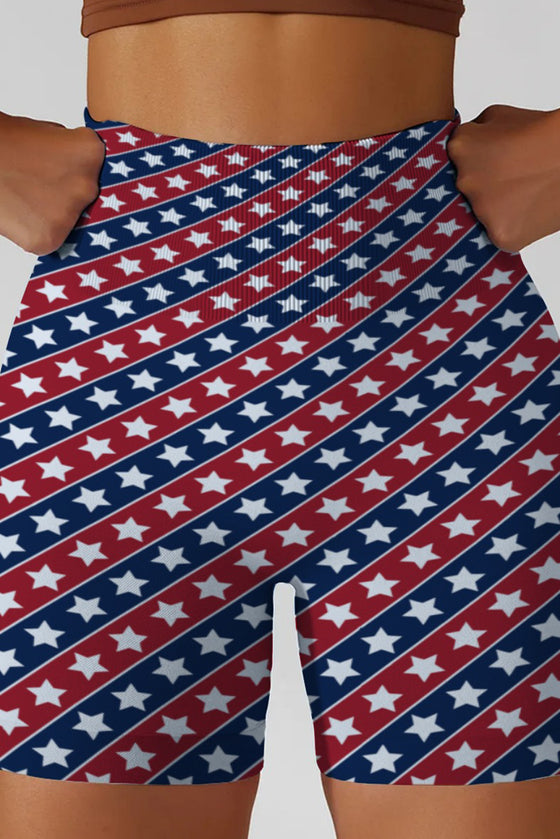 LC265450-P320-S, LC265450-P320-M, LC265450-P320-L, LC265450-P320-XL, Red American Flag Print Seamless High Waist Workout Shorts