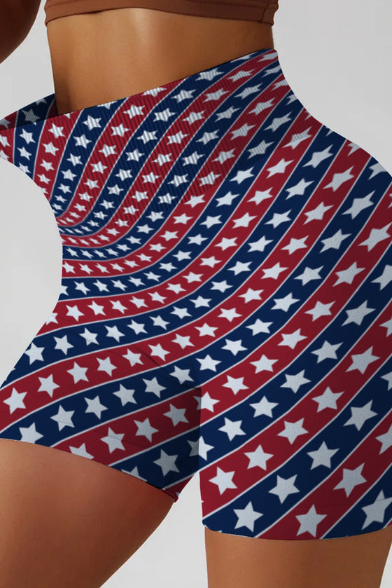 LC265450-P320-S, LC265450-P320-M, LC265450-P320-L, LC265450-P320-XL, Red American Flag Print Seamless High Waist Workout Shorts