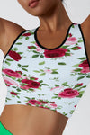 LC264658-P120-S, LC264658-P120-M, LC264658-P120-L, LC264658-P120-XL, White Floral Print Cropped Racerback Sports Tank Top