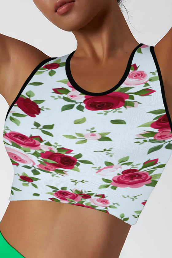 LC264658-P120-S, LC264658-P120-M, LC264658-P120-L, LC264658-P120-XL, White Floral Print Cropped Racerback Sports Tank Top
