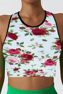  LC264658-P120-S, LC264658-P120-M, LC264658-P120-L, LC264658-P120-XL, White Floral Print Cropped Racerback Sports Tank Top
