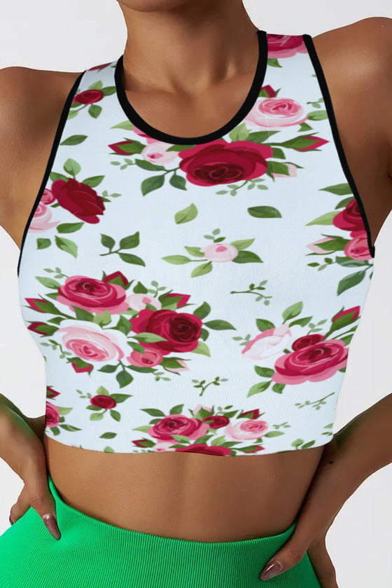 LC264658-P120-S, LC264658-P120-M, LC264658-P120-L, LC264658-P120-XL, White Floral Print Cropped Racerback Sports Tank Top