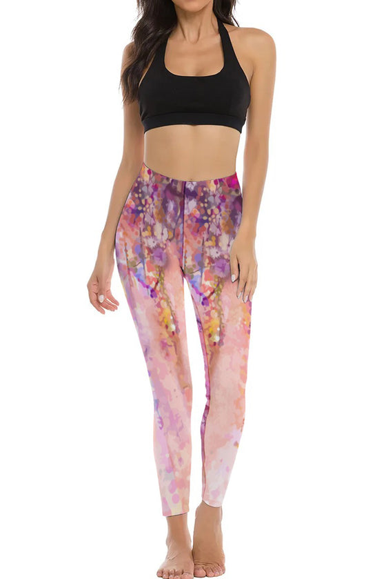 LC265453-P1020-S, LC265453-P1020-M, LC265453-P1020-L, LC265453-P1020-XL, Pink Abstract Floral Print High Waist Yoga Leggings