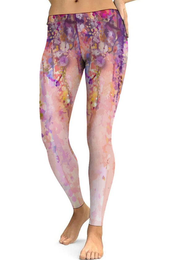 LC265453-P1020-S, LC265453-P1020-M, LC265453-P1020-L, LC265453-P1020-XL, Pink Abstract Floral Print High Waist Yoga Leggings
