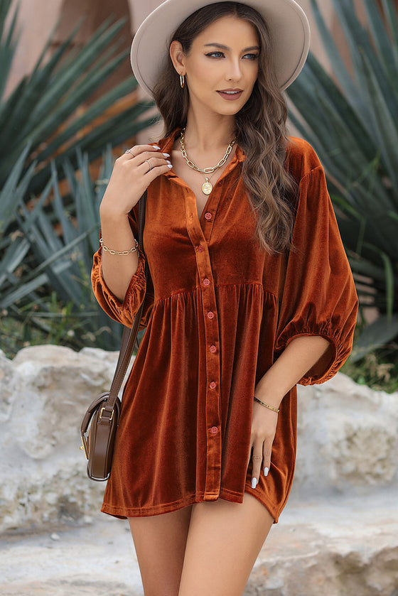 PACK2554263-P2017-1, Chestnut 3/4 Sleeve Tunic Babydoll Velvet Shirt