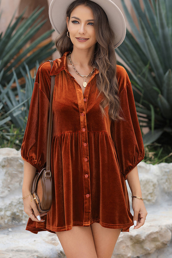 PACK2554263-P2017-1, Chestnut 3/4 Sleeve Tunic Babydoll Velvet Shirt