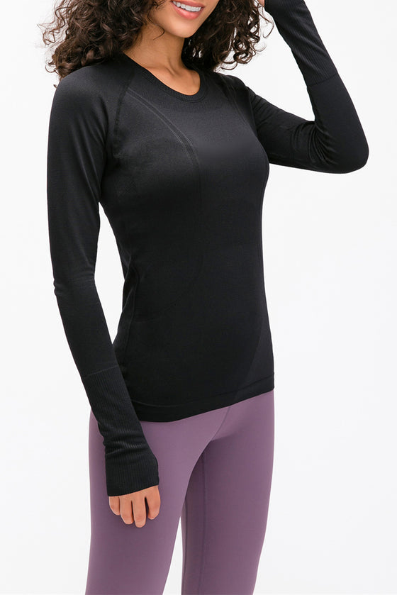 PACK264631-P2-1, Black Slim Thumbhole Sleeve Textured Detail Gym Top