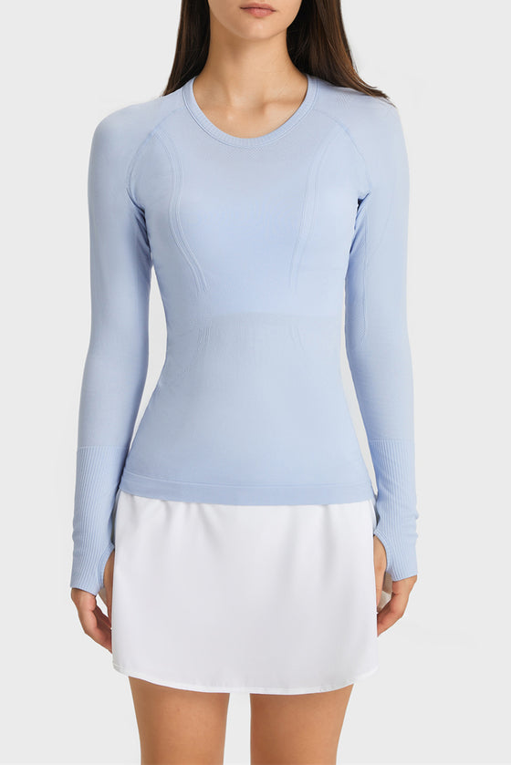 PACK264631-P804-1, Beau Blue Slim Thumbhole Sleeve Textured Detail Gym Top