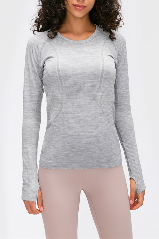 PACK264631-P1011-1, Light Grey Slim Thumbhole Sleeve Textured Detail Gym Top