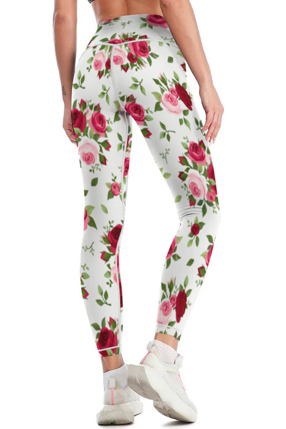 LC265446-P120-S, LC265446-P120-M, LC265446-P120-L, LC265446-P120-XL, White Floral Print High Waist Butt Lifting Yoga Pants