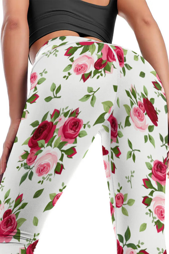 LC265446-P120-S, LC265446-P120-M, LC265446-P120-L, LC265446-P120-XL, White Floral Print High Waist Butt Lifting Yoga Pants