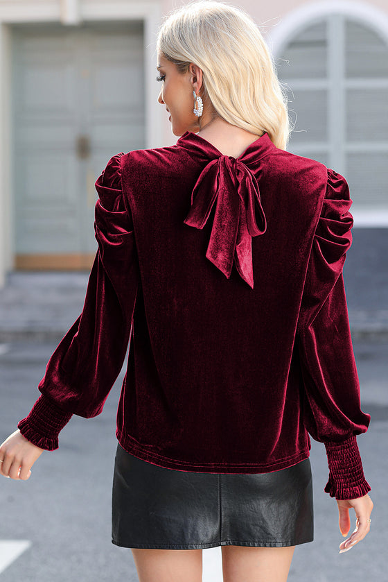 PACK25123529-3-1, Red Fiery Mock Neck Puff Sleeve Velvet Blouse