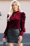 PACK25123529-3-1, Red Fiery Mock Neck Puff Sleeve Velvet Blouse