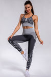 LC2611592-P220-S, LC2611592-P220-M, LC2611592-P220-L, Black Camouflage Print Criss Cross Bra and Leggings Sports Set