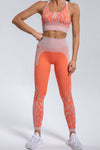 LC2611592-P1420-S, LC2611592-P1420-M, LC2611592-P1420-L, Orange Camouflage Print Criss Cross Bra and Leggings Sports Set