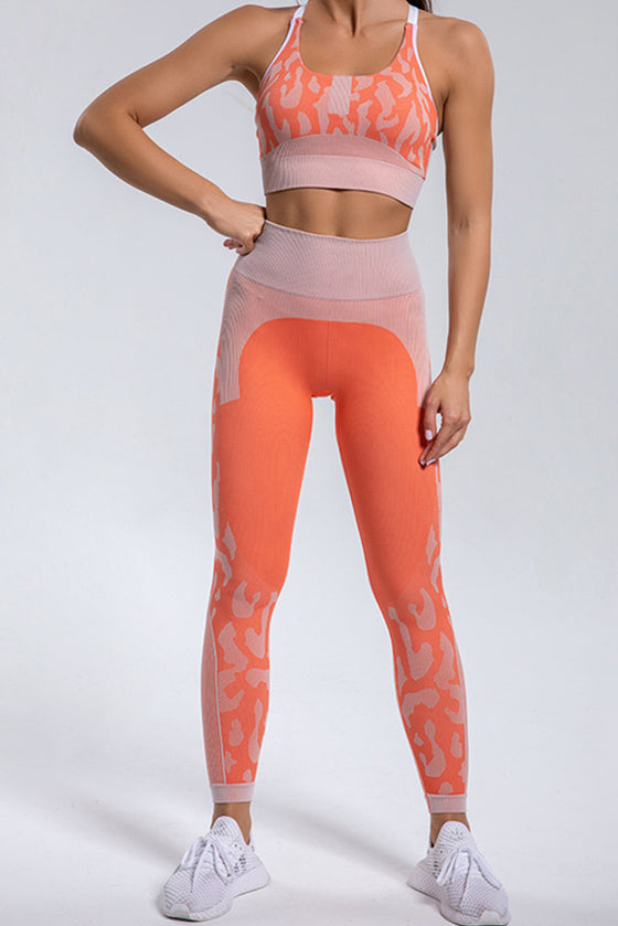 LC2611592-P1420-S, LC2611592-P1420-M, LC2611592-P1420-L, Orange Camouflage Print Criss Cross Bra and Leggings Sports Set