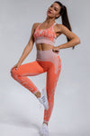 LC2611592-P1420-S, LC2611592-P1420-M, LC2611592-P1420-L, Orange Camouflage Print Criss Cross Bra and Leggings Sports Set