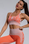 LC2611592-P1420-S, LC2611592-P1420-M, LC2611592-P1420-L, Orange Camouflage Print Criss Cross Bra and Leggings Sports Set