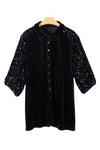 PACK25124856-P2-1, Black Sequin Puff Sleeve Buttoned Velvet Peplum Shirt