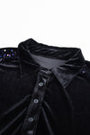 PACK25124856-P2-1, Black Sequin Puff Sleeve Buttoned Velvet Peplum Shirt