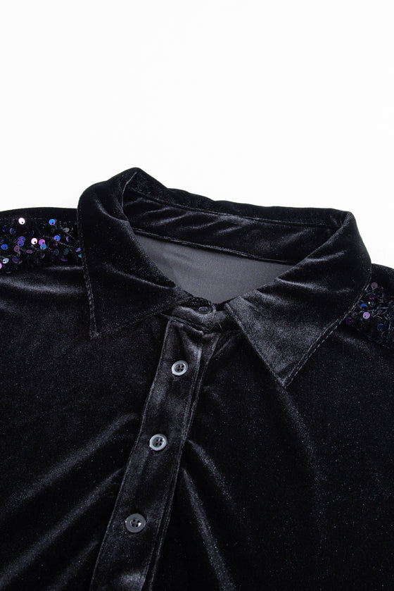 PACK25124856-P2-1, Black Sequin Puff Sleeve Buttoned Velvet Peplum Shirt