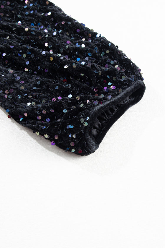 PACK25124856-P2-1, Black Sequin Puff Sleeve Buttoned Velvet Peplum Shirt