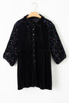 PACK25124856-P2-1, Black Sequin Puff Sleeve Buttoned Velvet Peplum Shirt