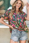 PACK25125930-P922-2, Green V Neck Short Bubble Sleeve Paisley Blouse