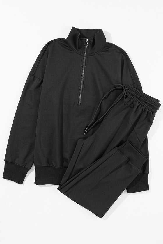 PACK15649-P2-1, Black Solid Half Zipped Drawstring High Waist Lounge Set