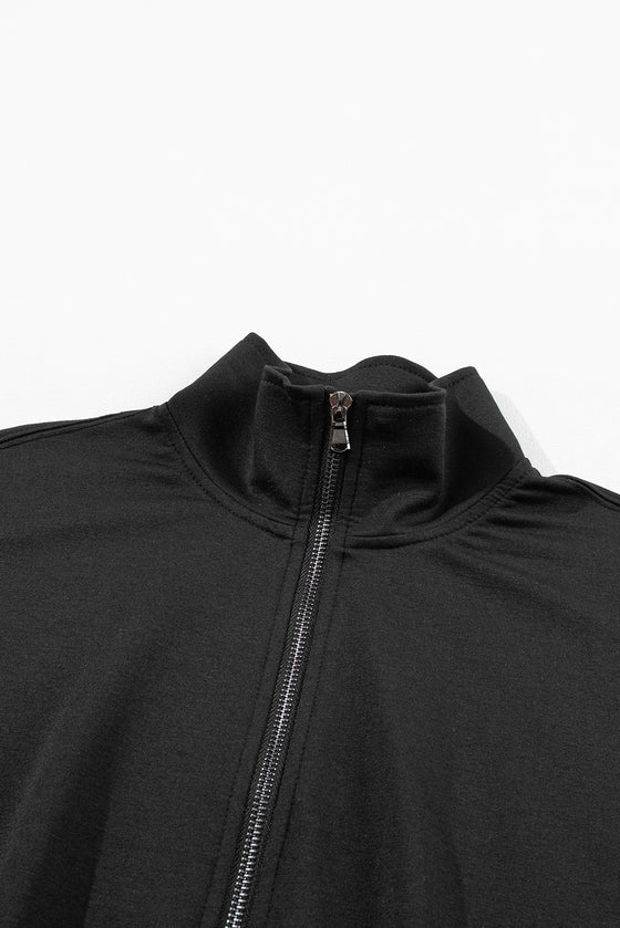 PACK15649-P2-1, Black Solid Half Zipped Drawstring High Waist Lounge Set