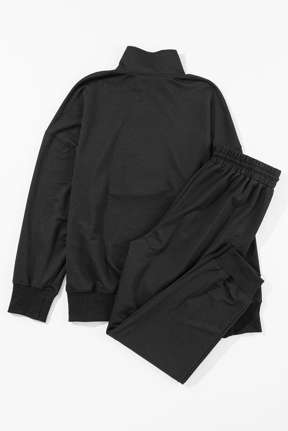 PACK15649-P2-1, Black Solid Half Zipped Drawstring High Waist Lounge Set