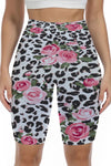 LC265452-P120-S, LC265452-P120-M, LC265452-P120-L, LC265452-P120-XL, White Floral Leopard Print High Waist Yoga Shorts
