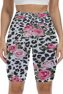  LC265452-P120-S, LC265452-P120-M, LC265452-P120-L, LC265452-P120-XL, White Floral Leopard Print High Waist Yoga Shorts