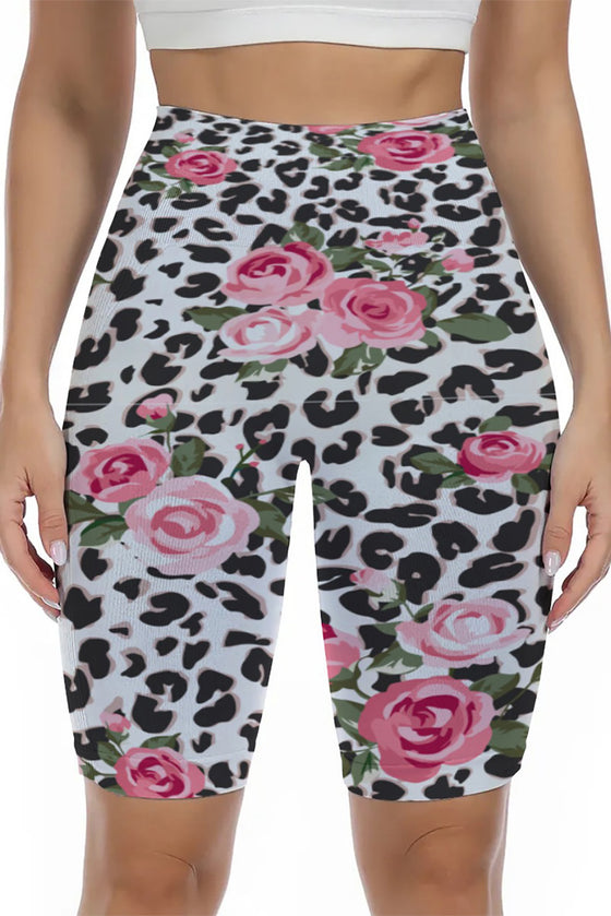 LC265452-P120-S, LC265452-P120-M, LC265452-P120-L, LC265452-P120-XL, White Floral Leopard Print High Waist Yoga Shorts