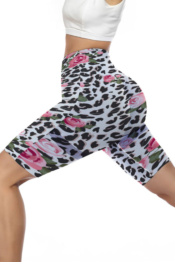 LC265452-P120-S, LC265452-P120-M, LC265452-P120-L, LC265452-P120-XL, White Floral Leopard Print High Waist Yoga Shorts