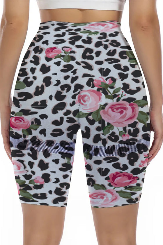 LC265452-P120-S, LC265452-P120-M, LC265452-P120-L, LC265452-P120-XL, White Floral Leopard Print High Waist Yoga Shorts