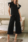 PACK625514-P2-2, Black Textured Flutter Sleeve Top Wide Leg Pants Set
