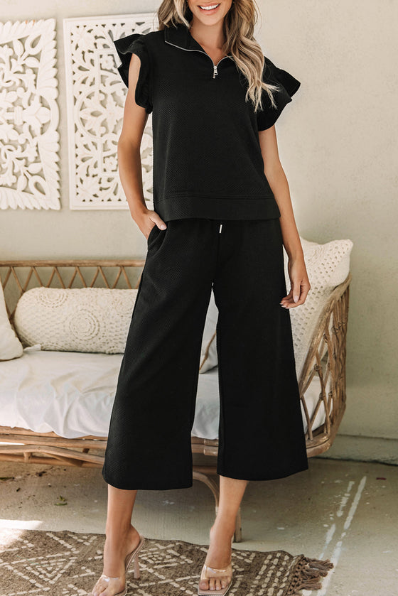 PACK625514-P2-2, Black Textured Flutter Sleeve Top Wide Leg Pants Set