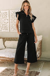 PACK625514-P2-2, Black Textured Flutter Sleeve Top Wide Leg Pants Set