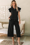 PACK625514-P2-2, Black Textured Flutter Sleeve Top Wide Leg Pants Set