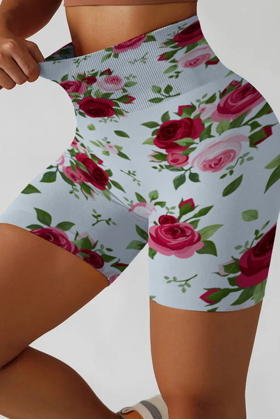 LC265447-P120-S, LC265447-P120-M, LC265447-P120-L, LC265447-P120-XL, White Floral Print Seamless Tummy Control Yoga Shorts