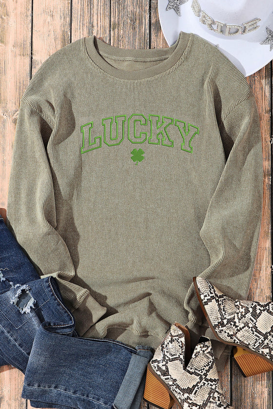 PACK25317166-9-1, Green LUCKY Clover Embroidered Corded Crewneck Sweatshirt