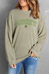 PACK25317166-9-1, Green LUCKY Clover Embroidered Corded Crewneck Sweatshirt