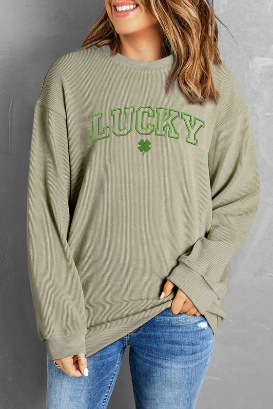 PACK25317166-9-1, Green LUCKY Clover Embroidered Corded Crewneck Sweatshirt