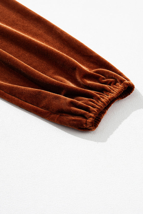 PACK25125101-P5014-1, Gold Flame Lantern Sleeve Beaded Split V Neck Velvet Top